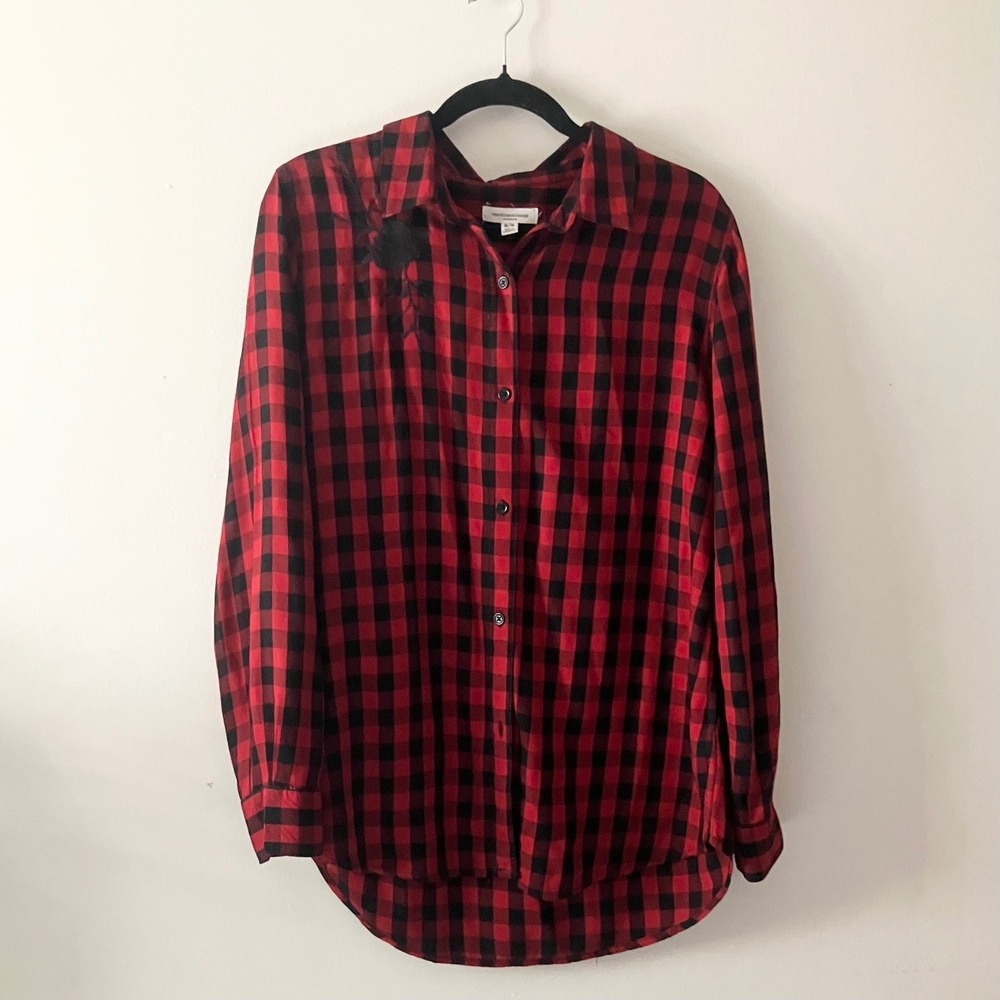 BeachLunchLounge Embroidered Rose‎ Buffalo Plaid Button Up Shirt Medium